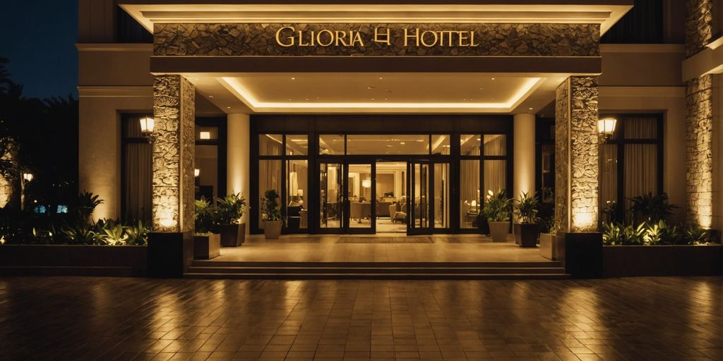 Entrance of Gloria Hotel Belek illuminated at night.