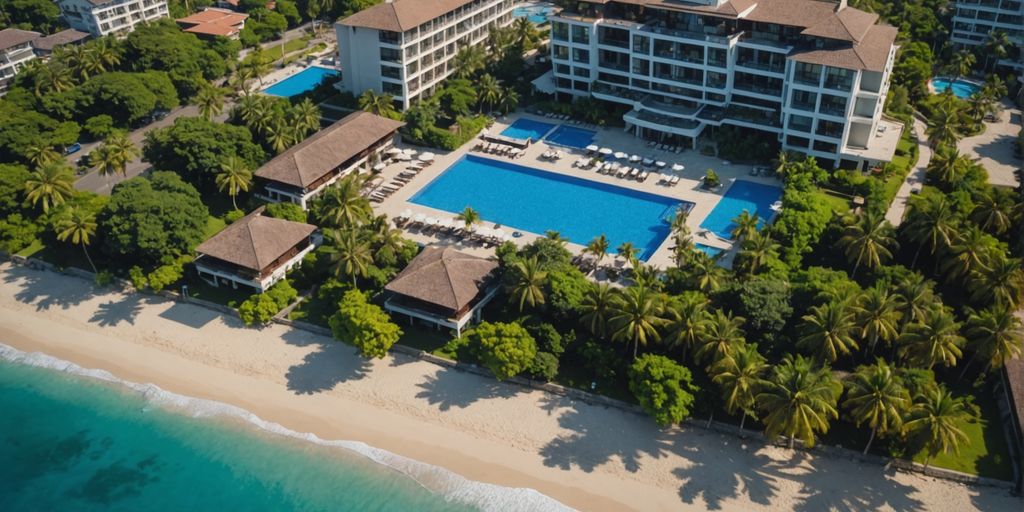 Aerial view of Susesi Resort with pools and beach.