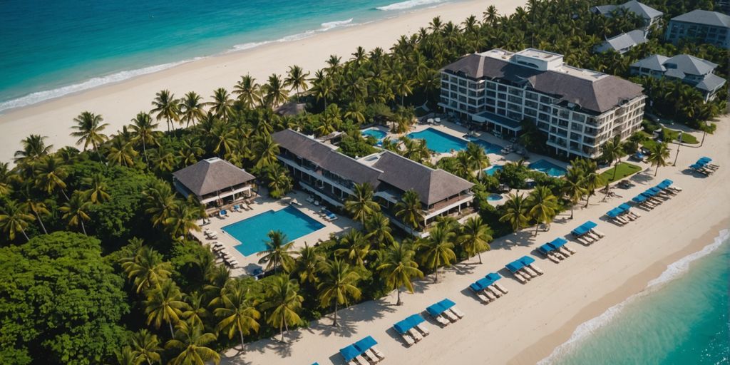 Aerial view of Crystal Tat Beach Resort's beachfront.