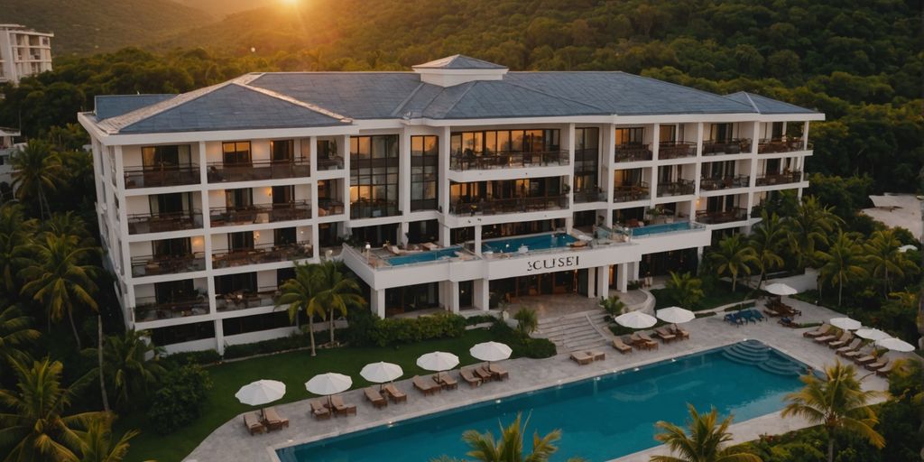 Aerial view of Hotel Susesi Luxury Resort at sunset