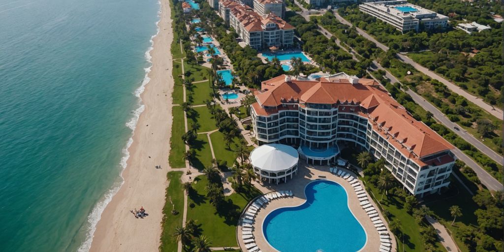 Luxurious beachfront of IC Hotels Santai Belek from above.