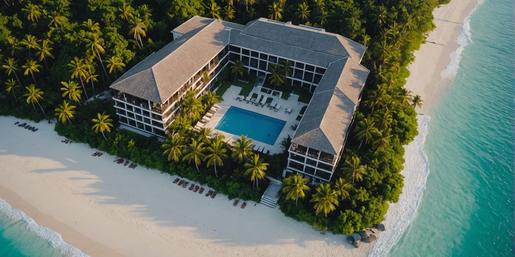 Aerial view of Adam and Eve Resort's beachfront.