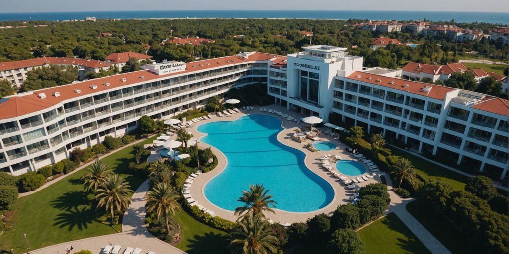 Aerial view of Cornelia Deluxe Belek resort and pools