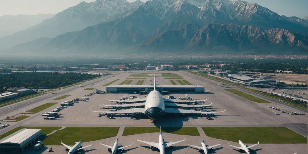 Antalya Airport with mountains in the background, aerial view.