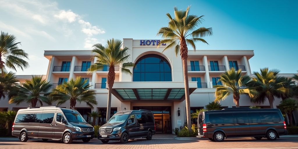 Hotel entrance with transfer vehicles