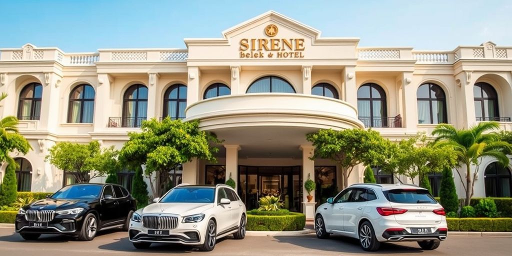 Luxurious hotel entrance with high-end vehicles