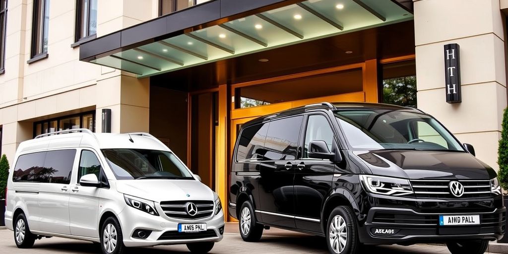 Mercedes Vito and VW Transporter at hotel entrance