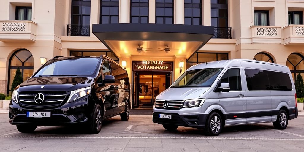 Luxury transfer vehicles at grand hotel entrance