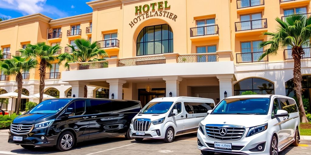 Hotel entrance with transfer vehicles parked in front.