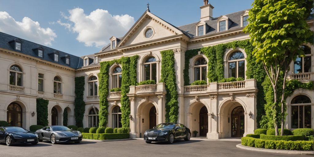 Elegant hotel entrance with luxury cars