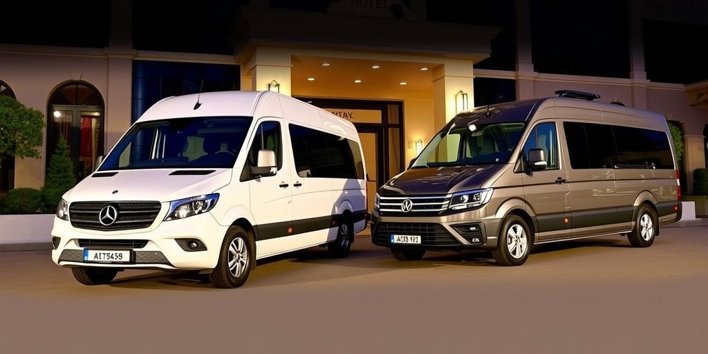 Luxury transfer vehicles at a grand hotel entrance