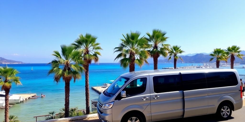 Coastal view of Antalya with palm trees and a vehicle.