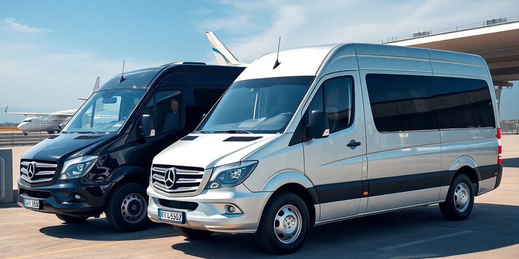 Luxury shuttle service vehicles at Antalya airport.