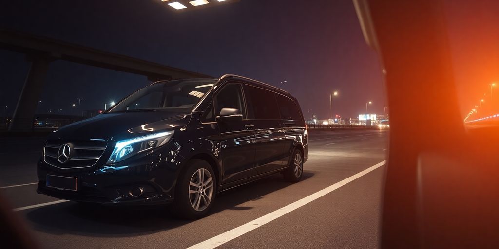 Luxurious airport transfer vehicles in Antalya, cinematic lighting.