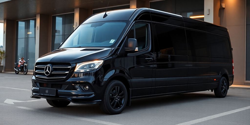 Luxury transfer vehicles at Antalya airport in cinematic lighting.